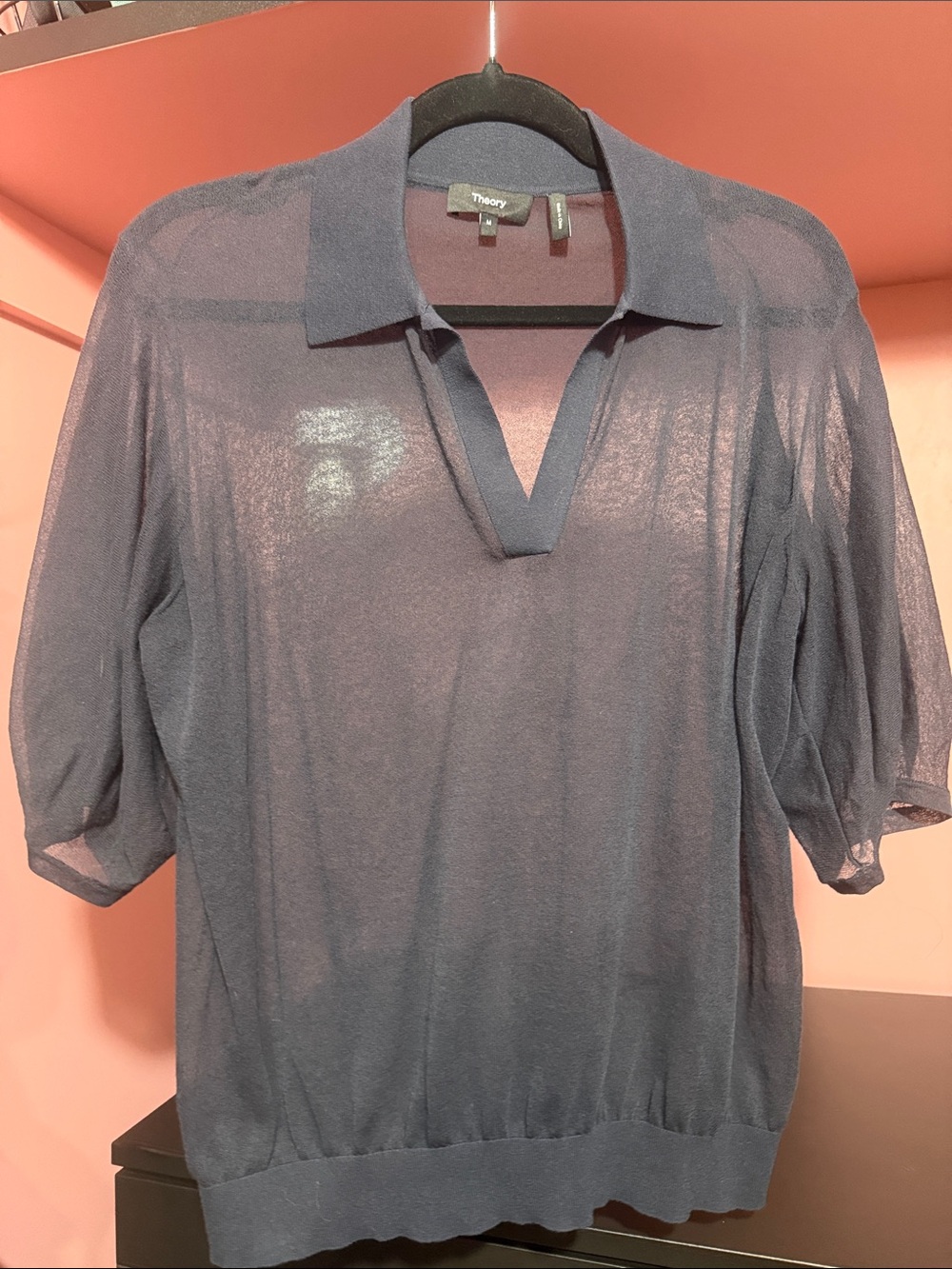 Theory Sheer Navy Polo V-Neck Knit Top